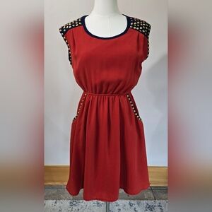 Ya Dark Orange Dress Gold Studs Navy Blue Trim Stretch Waist Pockets Sz. M
